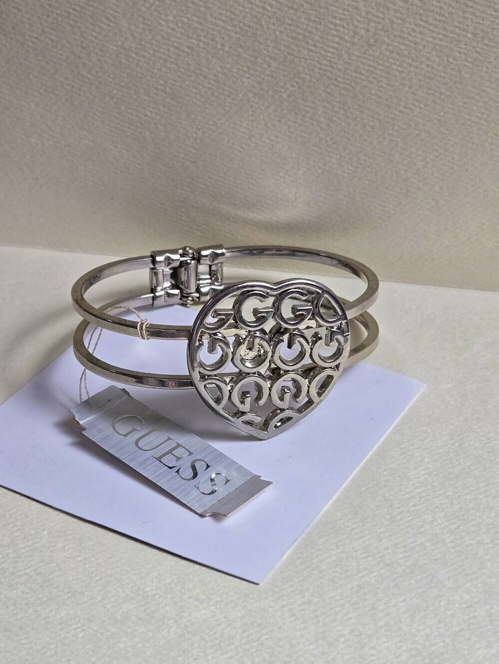GUESS Silver Heart Logo Double-Band Bangle Bracelet - Picture 6 of 7